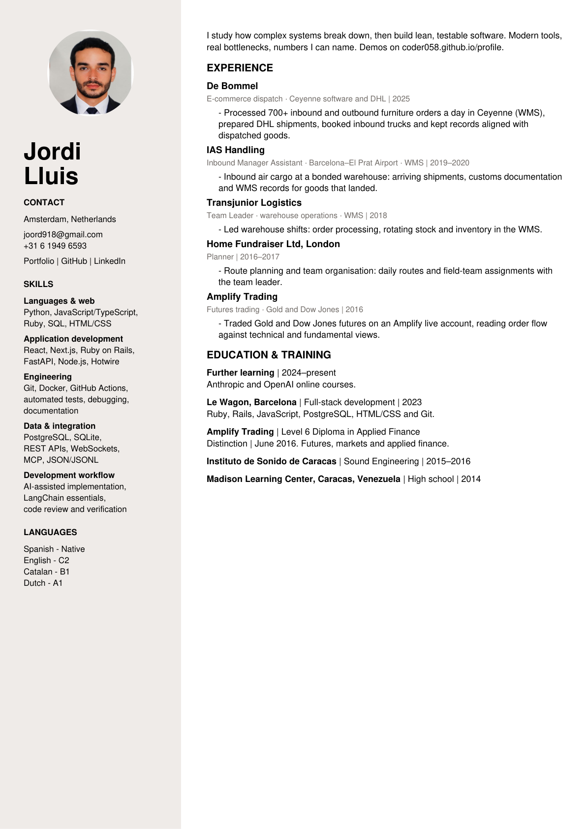 One-page résumé of Jordi Lluis: summary, experience, skills and education.